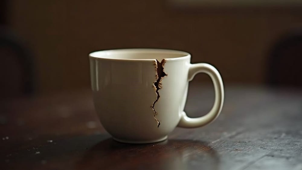 A cracked ceramic mug on a dark surface with tilt-shift depth of field, still functional despite the visible flaw.