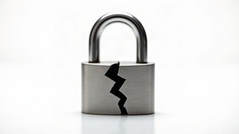 A cracked padlock isolated on a white background, photographed with a tilt-shift effect that gives it a sharp, miniaturized appearance