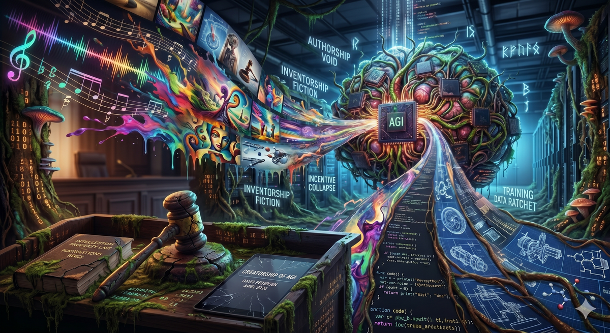 Surreal scene: glowing AGI brain emits art, music, code; cracked gavel on broken IP law book. Text: Authorship Void, Inventorship Fiction, Incentive Collapse, Training Data Ratchet.