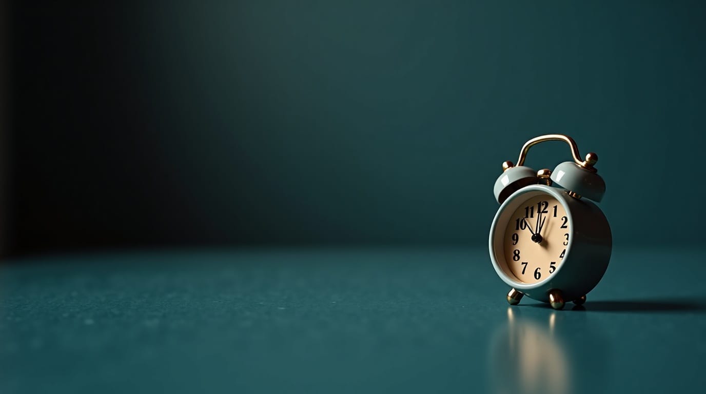Small vintage alarm clock on dark teal surface showing midnight, atmospheric side lighting with soft bokeh background.