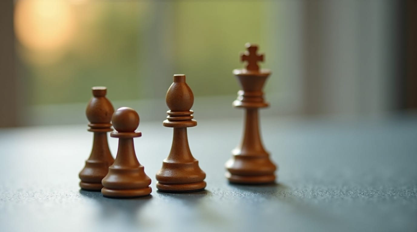 Three wooden chess pieces arranged on muted gray surface with shallow depth of field, representing agents and participants.