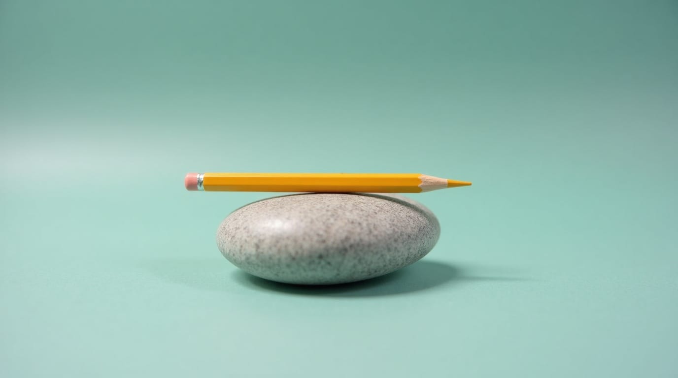 Yellow pencil balanced horizontally on a smooth river stone on teal background, representing leverage and balance.