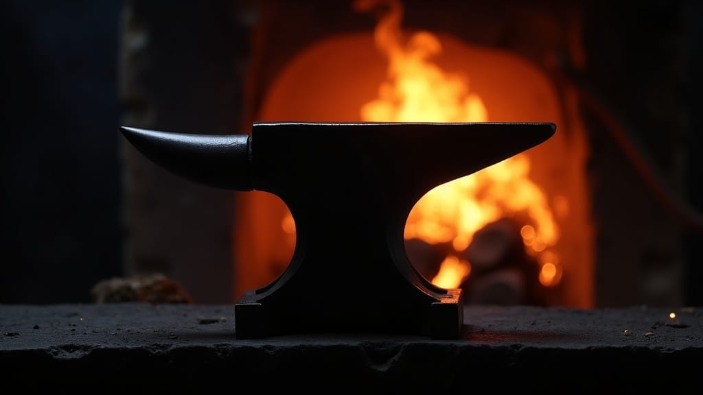 Blacksmith anvil in side profile with forge fire glowing in the background