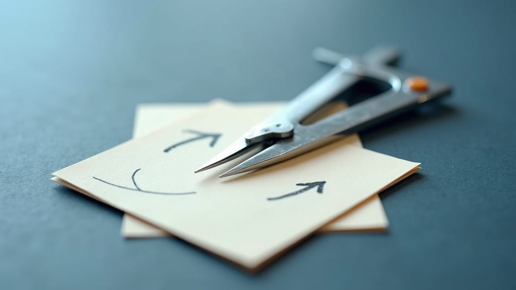 Precision drafting compass on cream index cards with dependency arrows, slate-blue surface, small orange accent on the hinge, soft studio lighting, sharp macro focus on the compass tip.