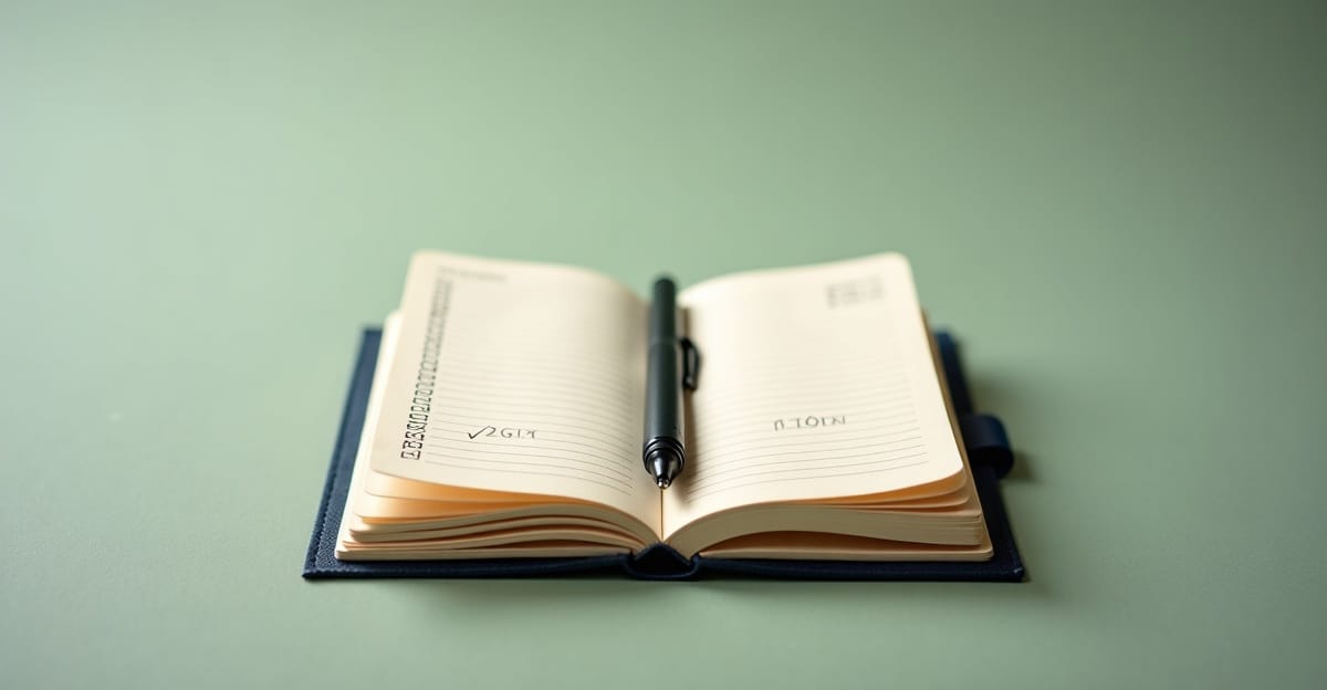 Open notebook with handwritten checkmarks and X marks on cream pages, pen resting across it, sage green background.