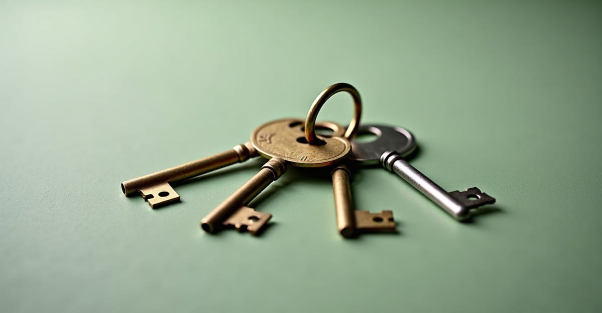 Three different antique keys on a brass ring against sage green background — representing different audience persona types.