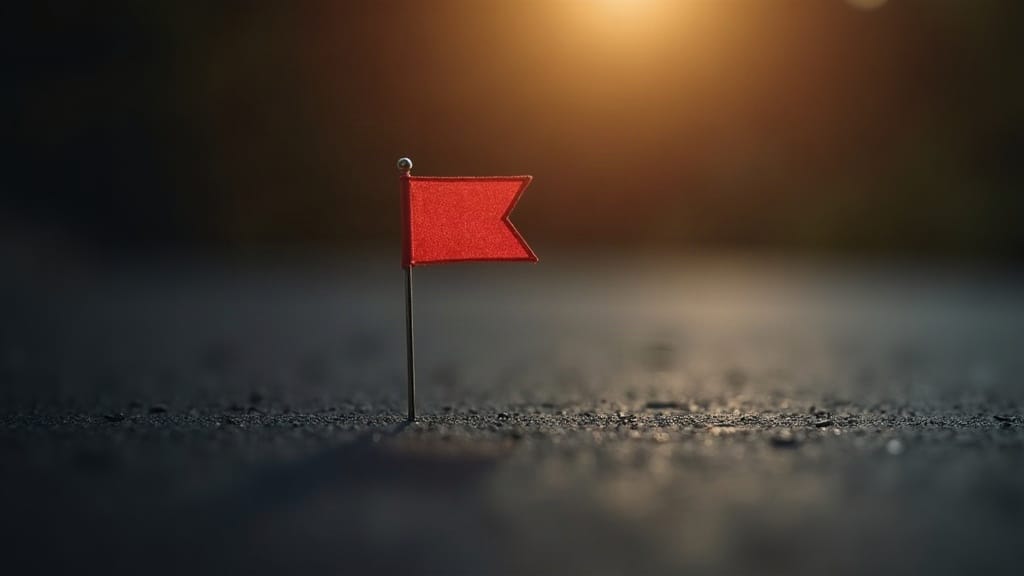 A single small flag marker standing upright on a dark surface with tilt-shift depth of field and warm side-lighting, isolated and centered in the frame.