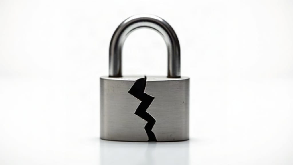 A cracked padlock isolated on a white background, photographed with a tilt-shift effect that gives it a sharp, miniaturized appearance