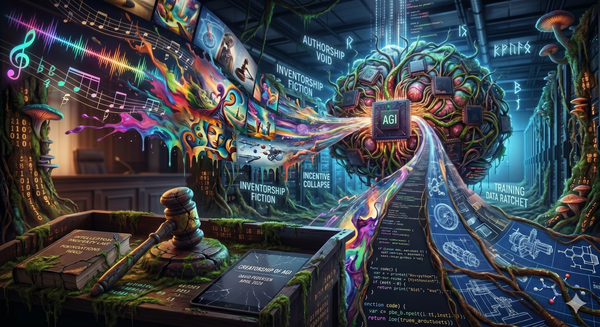 Surreal scene: glowing AGI brain emits art, music, code; cracked gavel on broken IP law book. Text: Authorship Void, Inventorship Fiction, Incentive Collapse, Training Data Ratchet.