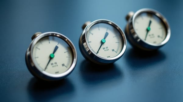 Three identical analog pressure gauges in a row on a matte navy surface, bright green needles all at the same reading. Three benchmark arms, identical result. -->