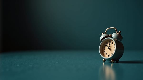 Small vintage alarm clock on dark teal surface showing midnight, atmospheric side lighting with soft bokeh background.