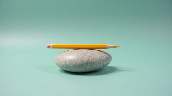 Yellow pencil balanced horizontally on a smooth river stone on teal background, representing leverage and balance.