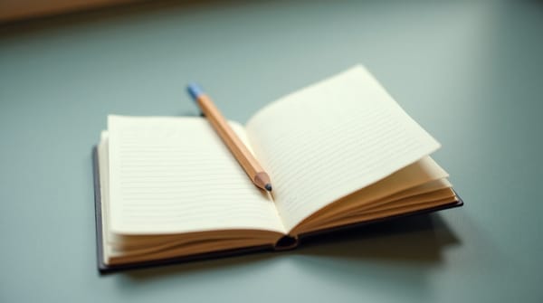 Open pocket notebook with a pencil resting across the pages on a slate-teal surface, representing lessons and reflection.
