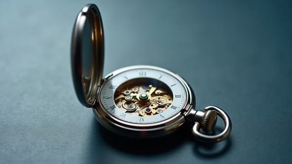 Open pocket watch revealing intricate mechanical movement — representing the engine built over six years of AI development