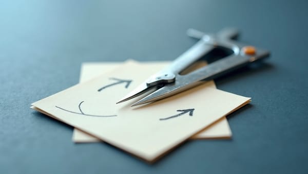 Precision drafting compass on cream index cards with dependency arrows, slate-blue surface, small orange accent on the hinge, soft studio lighting, sharp macro focus on the compass tip.