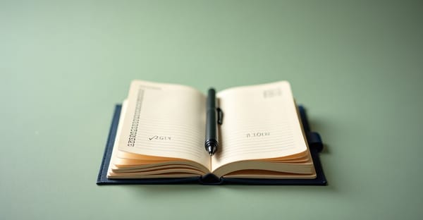 Open notebook with handwritten checkmarks and X marks on cream pages, pen resting across it, sage green background.