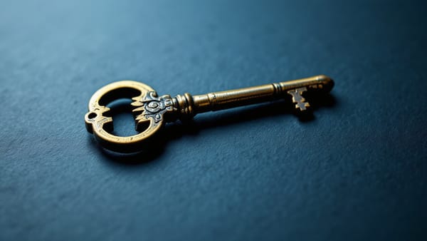 An antique brass skeleton key on a dark slate-blue surface, sharp in center with tilt-shift blur at edges. Intricate notched bit profile encodes the knowledge of which lock it opens.