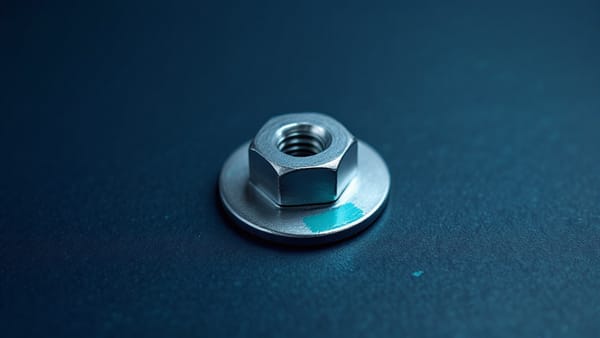 A bare steel hex nut resting on a zinc washer, isolated on a dark navy surface. A small teal paint mark on the washer edge. Structural load-bearing hardware.