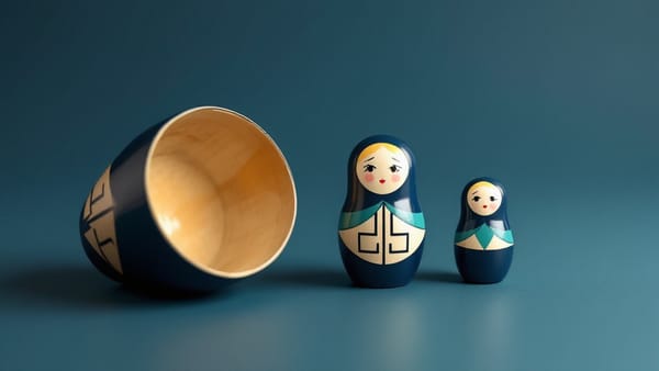 Three Russian nesting dolls on a slate-blue surface: the largest shell lies open revealing the next smaller doll inside, which shows the smallest doll within. Navy, cream, and teal paint.