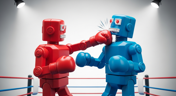 A red robot and a blue robot square off in a boxing ring, inspired by Rock Em Sock Em Robots, representing manual versus autonomous bot development on Clawber.ai