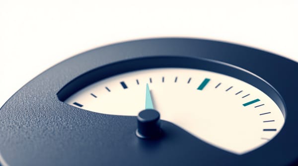 A precision analogue dial gauge on dark navy surface, needle at center mark. Cream face, navy case, teal-green indicator dot, shallow tilt-shift depth of field.
