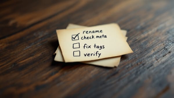 An index card on a dark wood surface with a short handwritten checklist: rename, check meta (checked), fix tags, verify. Tilt-shift depth of field.