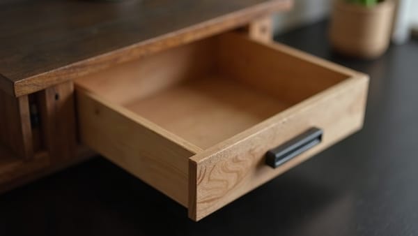 An open empty wooden drawer on a dark surface with tilt-shift depth of field, suggesting readiness without occupancy.