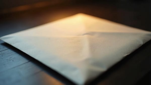 A single sealed envelope on a dark surface with tilt-shift depth of field and warm side-lighting, suggesting something sent and now out of reach.