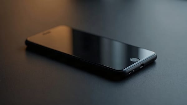 A smartphone lying face-down on a dark surface, no screen visible, lit from the side with warm amber light and soft tilt-shift blur at the edges.