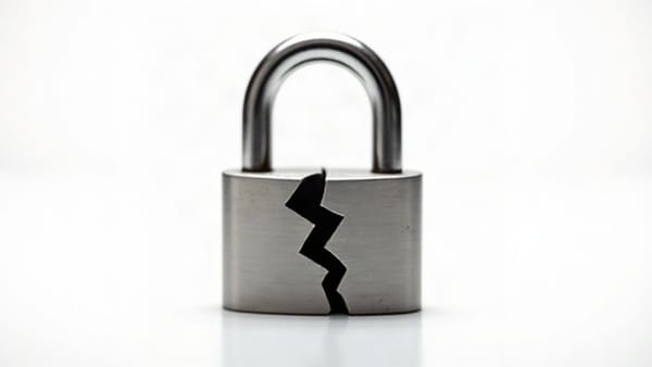 A cracked padlock isolated on a white background, photographed with a tilt-shift effect that gives it a sharp, miniaturized appearance